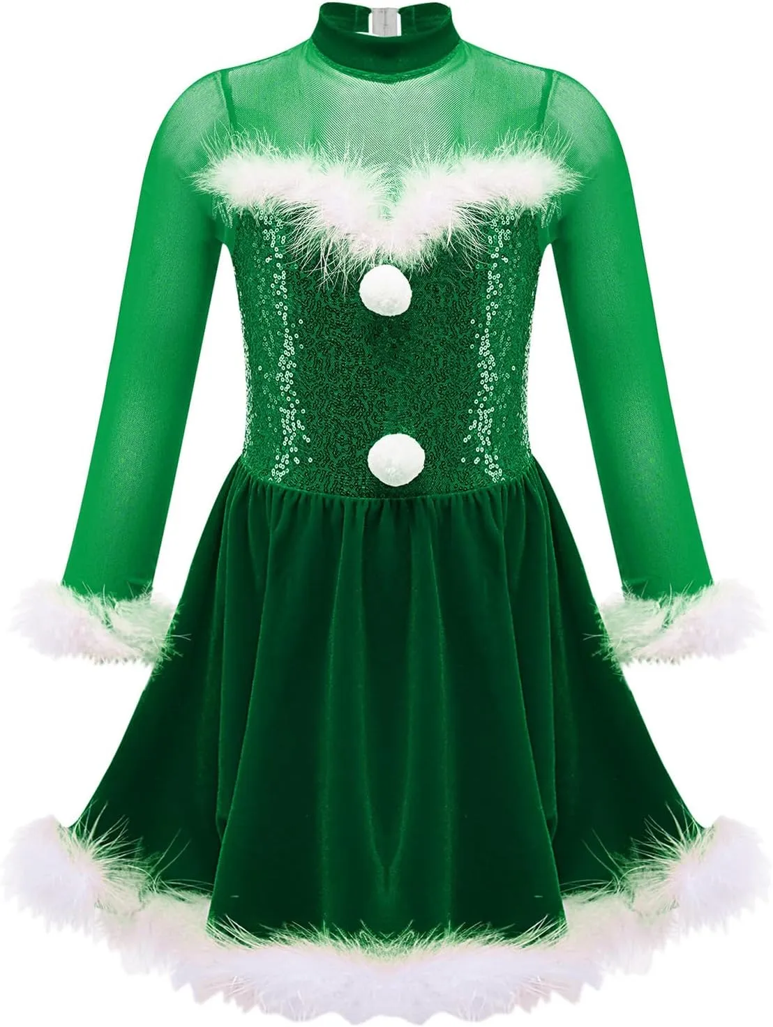 Kids Girls Christmas Dance Dress Mrs Santa Claus Costume Xmas Long Sleeve Ballet Tutu Figure Ice Skating Dress