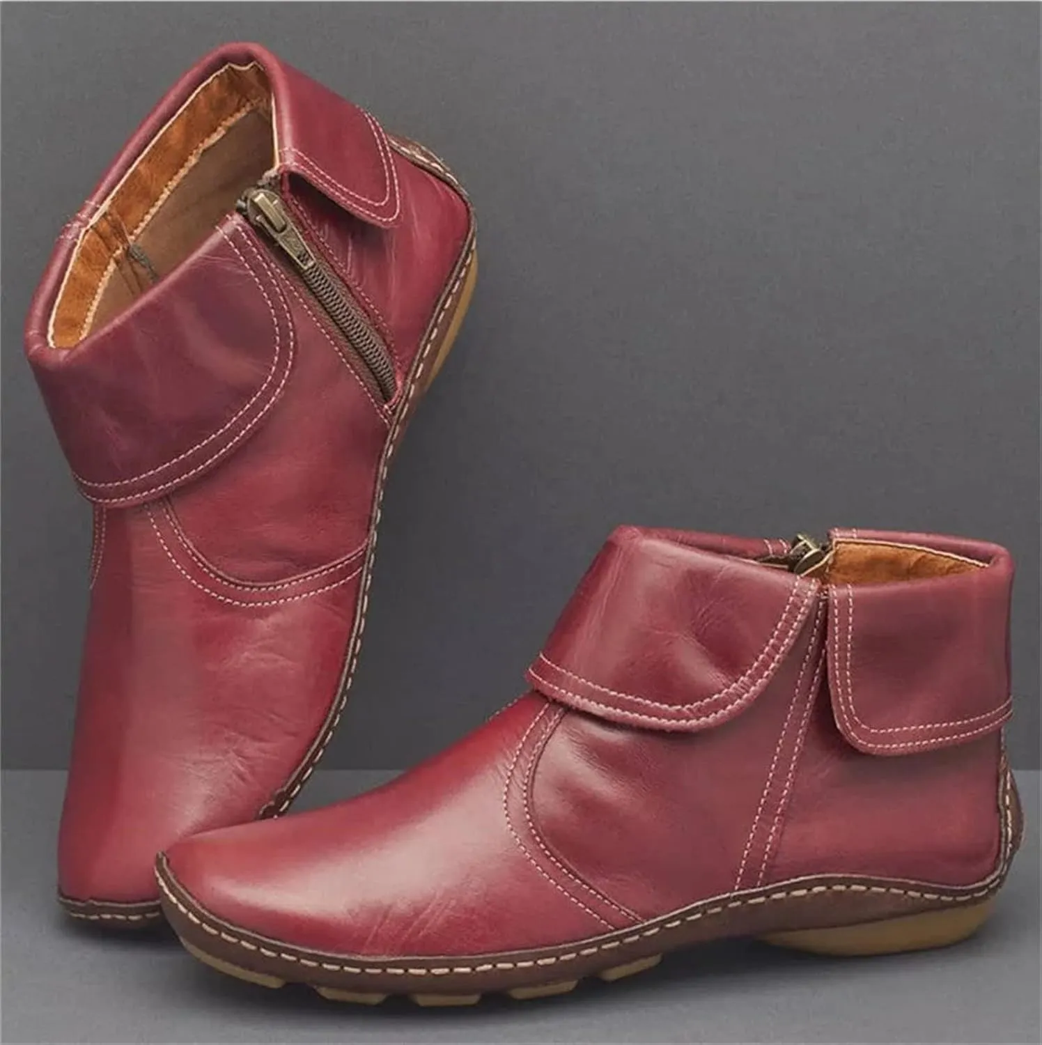 Ladmiple Ankle Boots For Women No Heel Casual Side Zipper Western Cowgirl Cowboy Booties Short Combat Walking Shoes