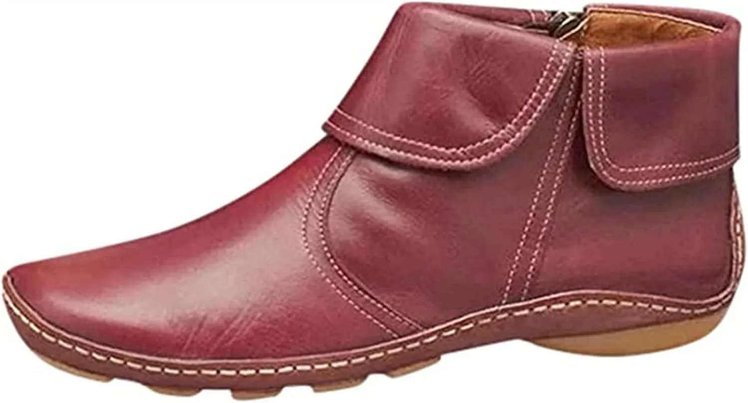 Ladmiple Ankle Boots For Women No Heel Casual Side Zipper Western Cowgirl Cowboy Booties Short Combat Walking Shoes