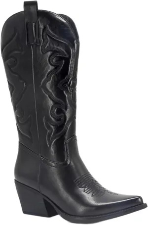 Ladmiple Boots For Women Fashion Dressy Low Heel Cowgirl Embroidered Western Cowboy Mid Calf Booties Chunky Heel Pull On Western Boots