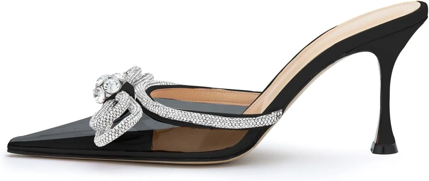 LauraVicci Women High Heeled Clear Mules Double Bow Heels Rhinestone Embellished Crystal Pointy Toe Sandals Stiletto Shoes Summer Bridal Shoes Black Size 6.5