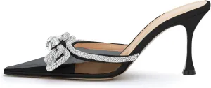 LauraVicci Women High Heeled Clear Mules Double Bow Heels Rhinestone Embellished Crystal Pointy Toe Sandals Stiletto Shoes Summer Bridal Shoes Black Size 6.5