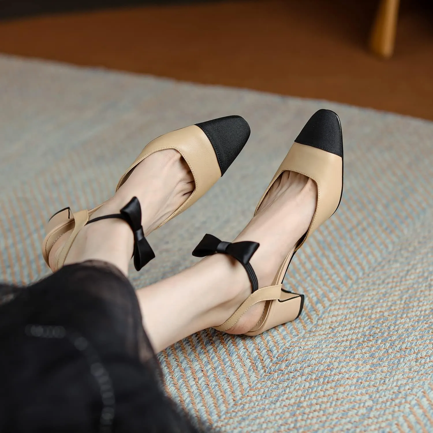 LEHOOR Chunky Heel Slingback Pumps Cap Toe Two Toned for Women, Mid Block Heel Almond Pointy Toe Sandals Quarter Strap Hollowed Backless D’Orsay Slip On Sandals Office Party Prom 5-13 M US