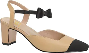 LEHOOR Chunky Heel Slingback Pumps Cap Toe Two Toned for Women, Mid Block Heel Almond Pointy Toe Sandals Quarter Strap Hollowed Backless D’Orsay Slip On Sandals Office Party Prom 5-13 M US