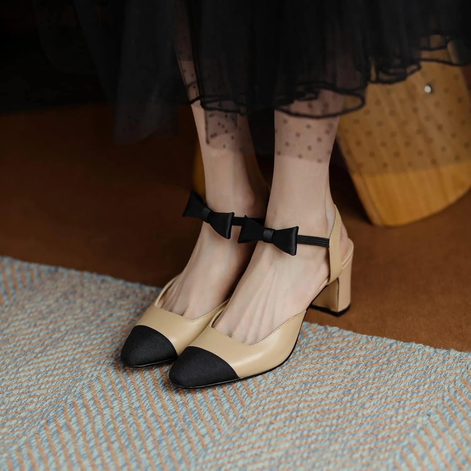 LEHOOR Chunky Heel Slingback Pumps Cap Toe Two Toned for Women, Mid Block Heel Almond Pointy Toe Sandals Quarter Strap Hollowed Backless D’Orsay Slip On Sandals Office Party Prom 5-13 M US