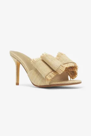LEMONADE Women's Double Bow Frayed Edge Detail Peep Toe Stiletto Heel Mule