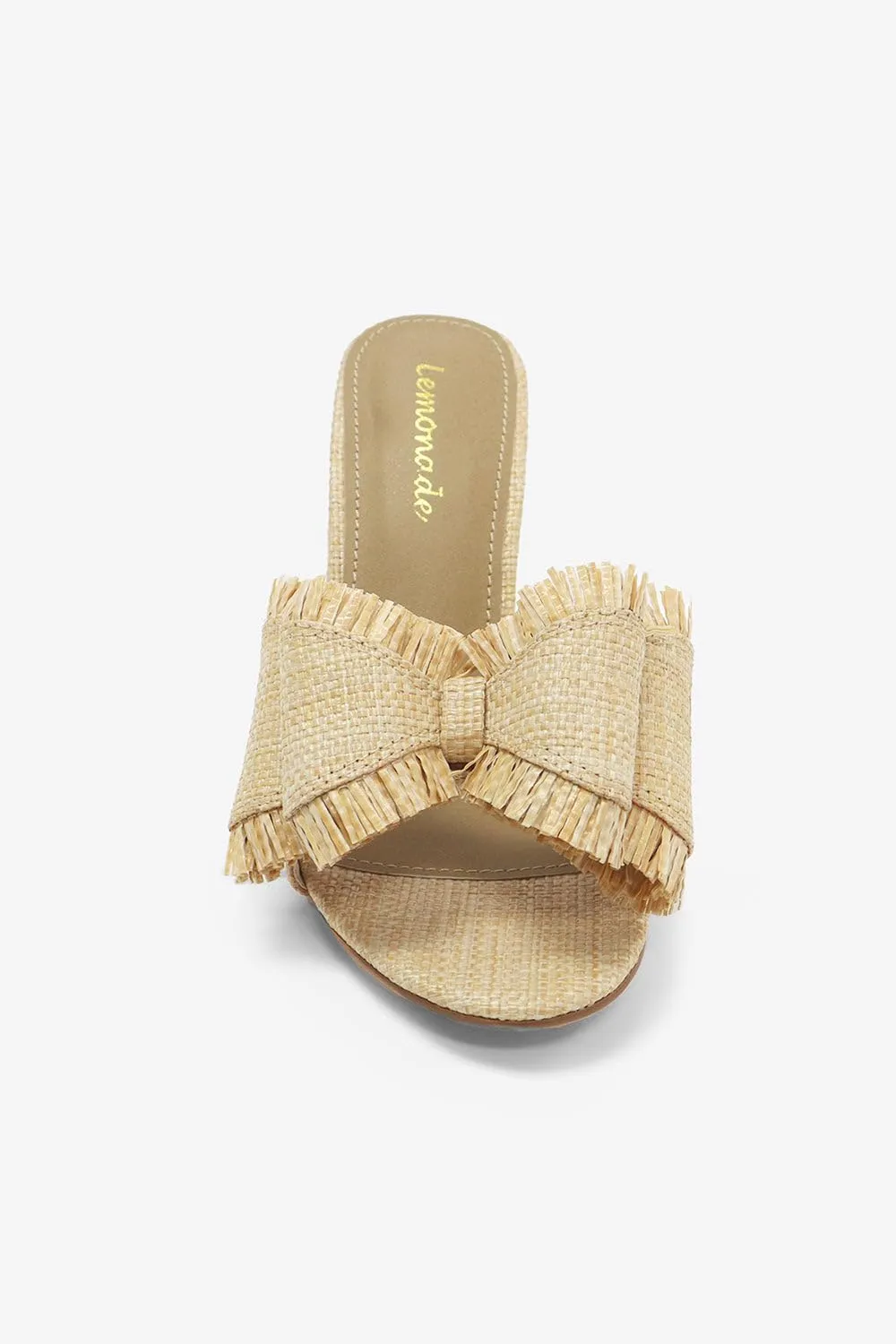 LEMONADE Women's Double Bow Frayed Edge Detail Peep Toe Stiletto Heel Mule