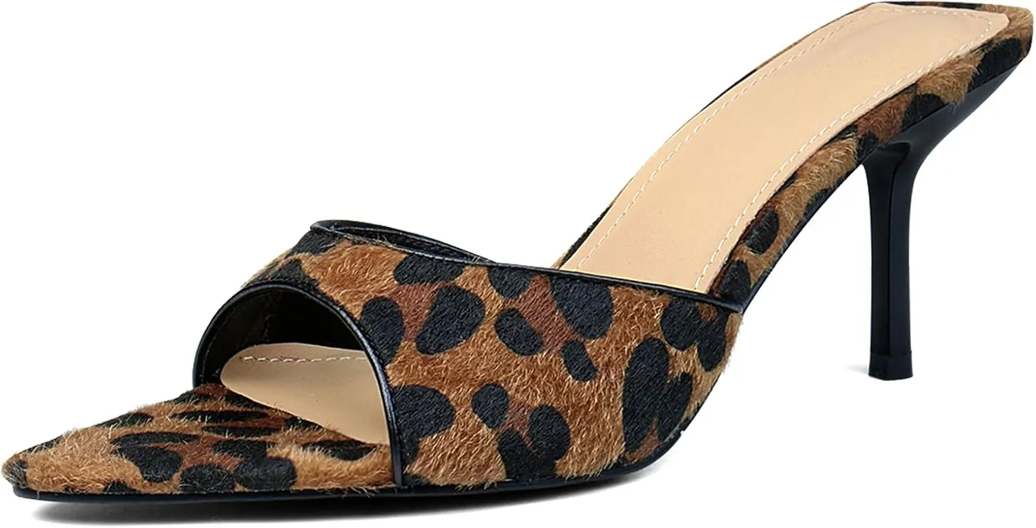 Leopard Kitten Heels Pointed Toe Mule Heels for Women Open Toe Kitten Heel for Party Dressy Wedding