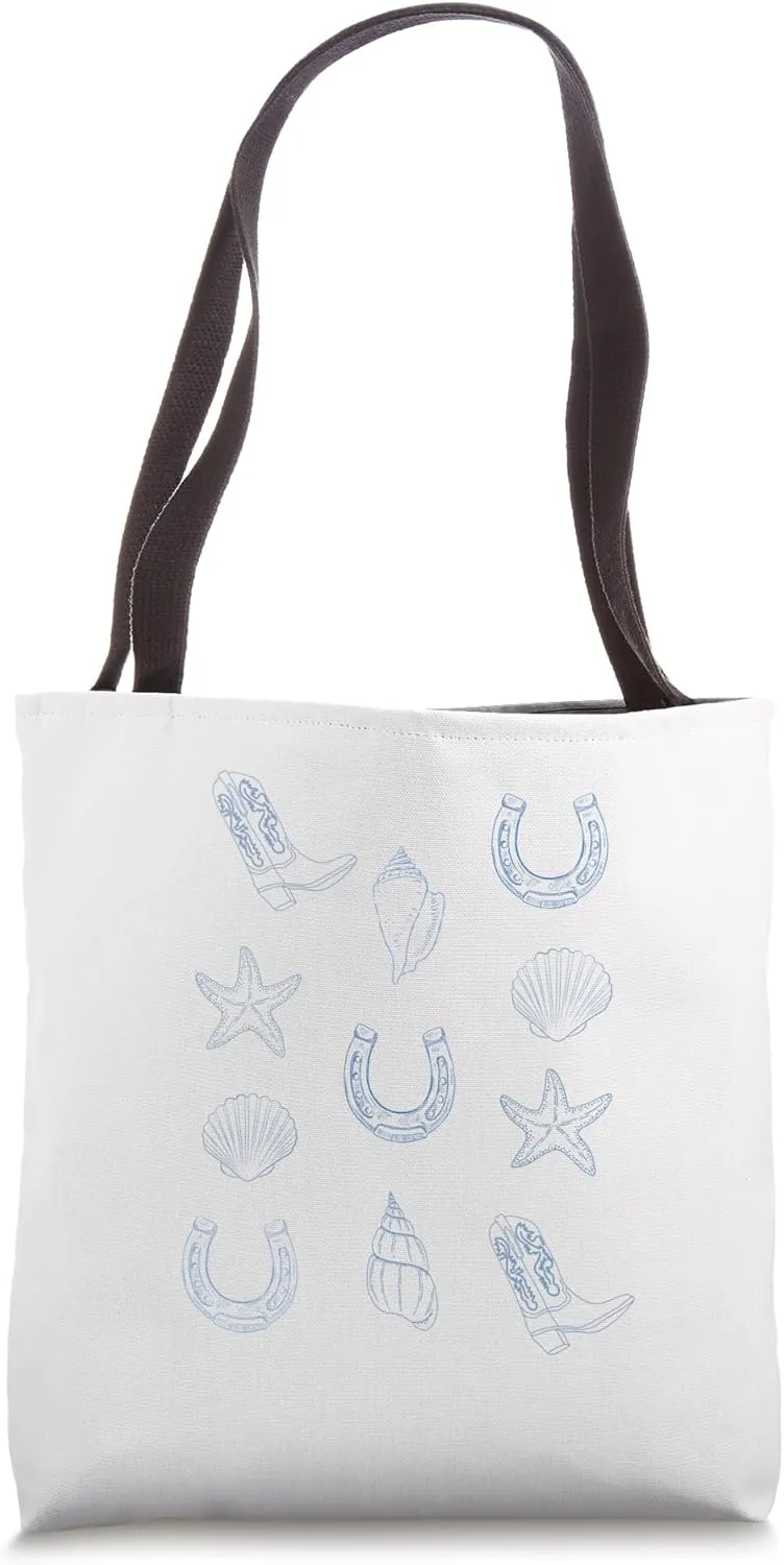 Lucky Horseshoe Cowboy Boot Blue Coastal Cowgirl Aesthetic Tote Bag