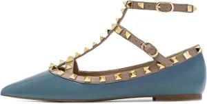 Lymphvity Women's Closed Pointed Toe Studs T-Strap Flat Shoes Fashion Adjustable Ankle Strap Rivet Gladiator Flats Dress Shoes for Work Party