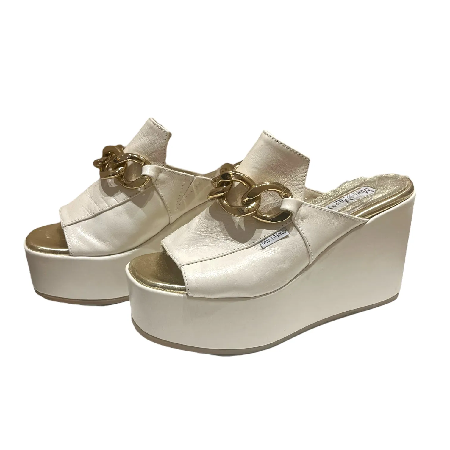Marco Moreo White and Gold Chain Heels