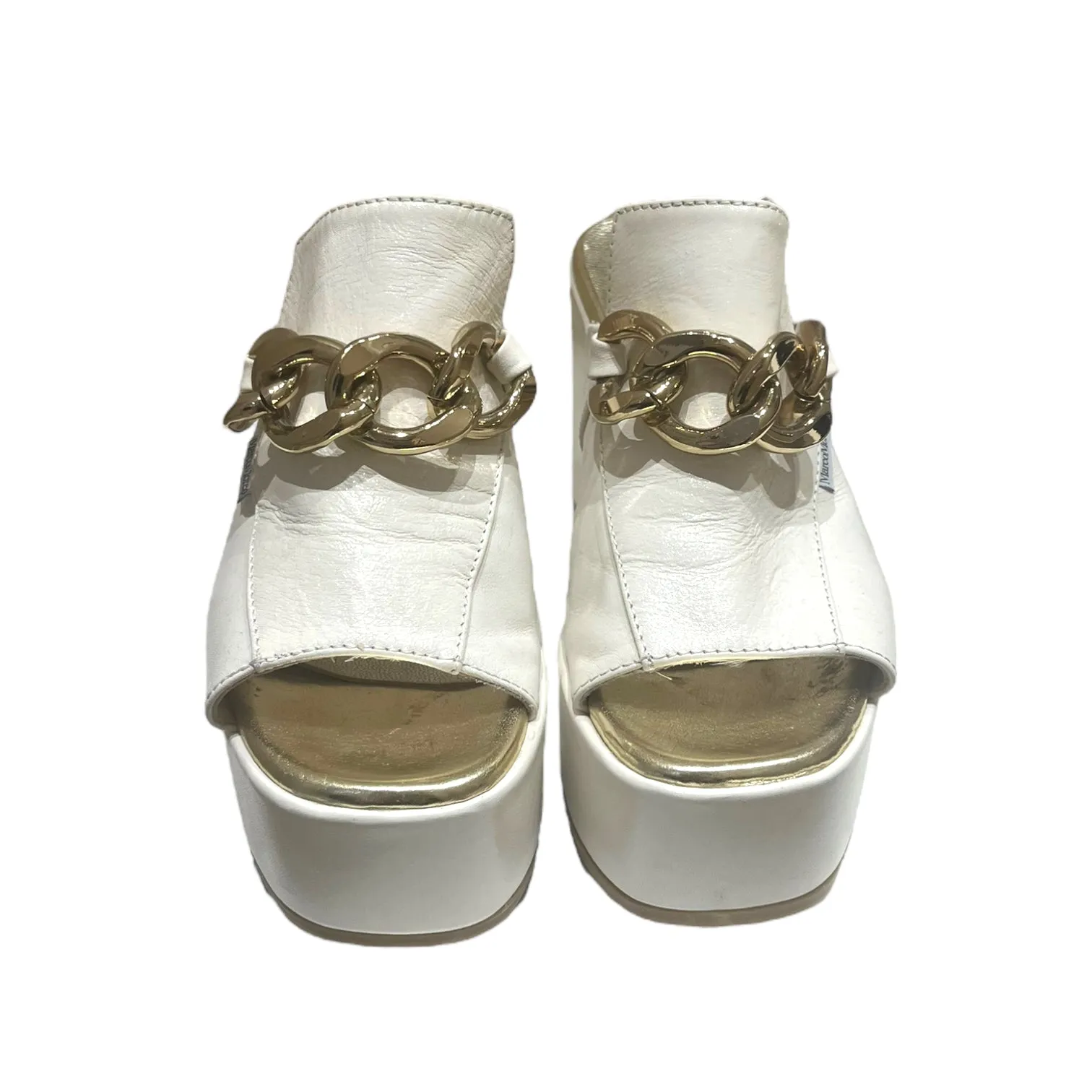 Marco Moreo White and Gold Chain Heels