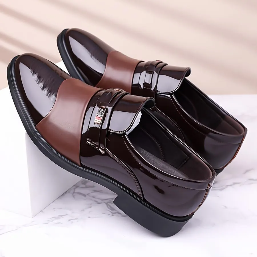 Men's Glossy Finish Dress Shoes - Business Casual Style, Solid Color, Pointed Toe, Slip-On Design, Rubber Sole, Comfortable for Work & Social Event