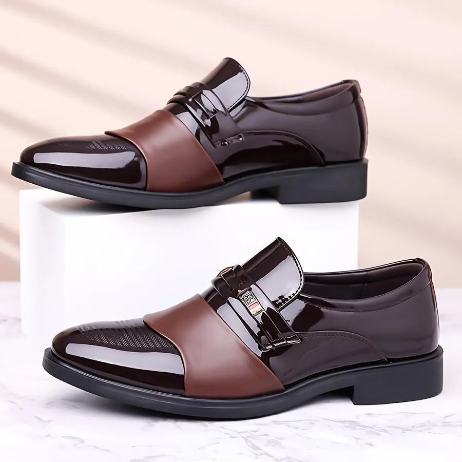 Men's Glossy Finish Dress Shoes - Business Casual Style, Solid Color, Pointed Toe, Slip-On Design, Rubber Sole, Comfortable for Work & Social Event