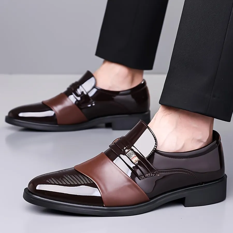 Men's Glossy Finish Dress Shoes - Business Casual Style, Solid Color, Pointed Toe, Slip-On Design, Rubber Sole, Comfortable for Work & Social Event