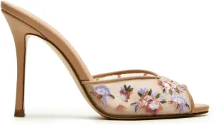 Mesh Heeled Sandals for Women Mule Dressy Peep Open Toe Mule Embroidery High Heels for Wedding Party Daily Wear Vintage Sexy Stiletto