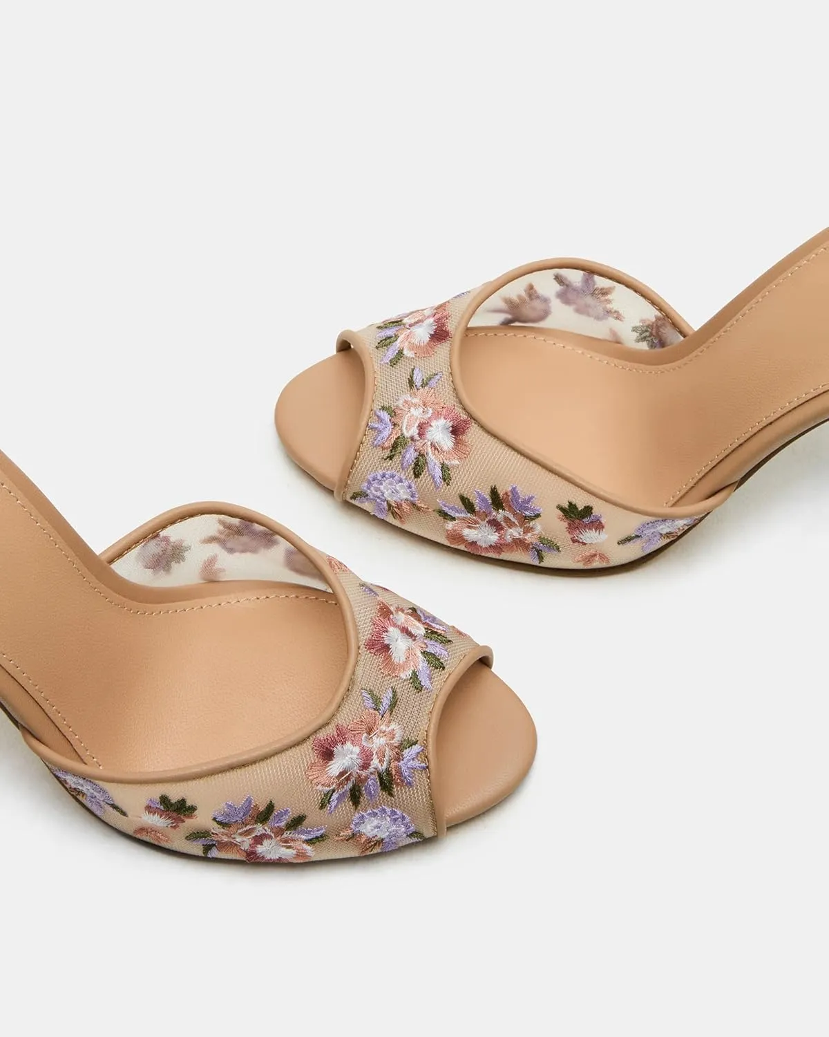 Mesh Heeled Sandals for Women Mule Dressy Peep Open Toe Mule Embroidery High Heels for Wedding Party Daily Wear Vintage Sexy Stiletto