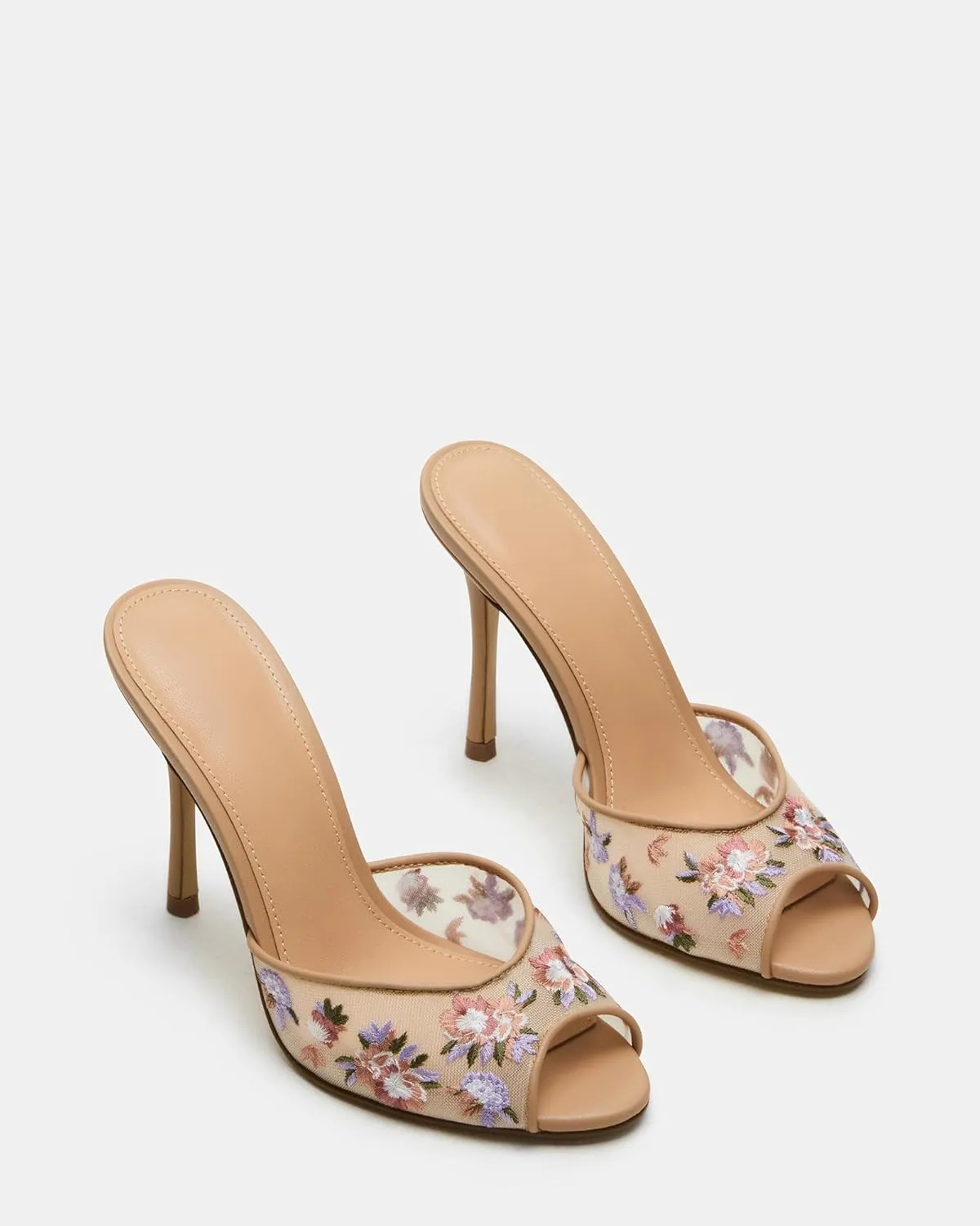 Mesh Heeled Sandals for Women Mule Dressy Peep Open Toe Mule Embroidery High Heels for Wedding Party Daily Wear Vintage Sexy Stiletto