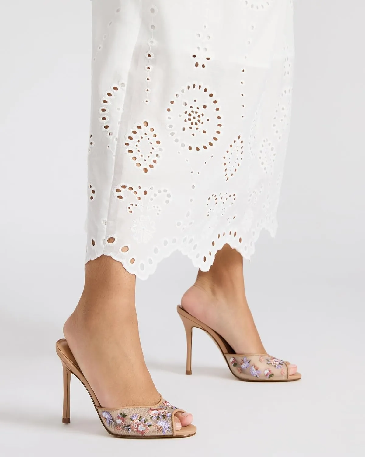 Mesh Heeled Sandals for Women Mule Dressy Peep Open Toe Mule Embroidery High Heels for Wedding Party Daily Wear Vintage Sexy Stiletto