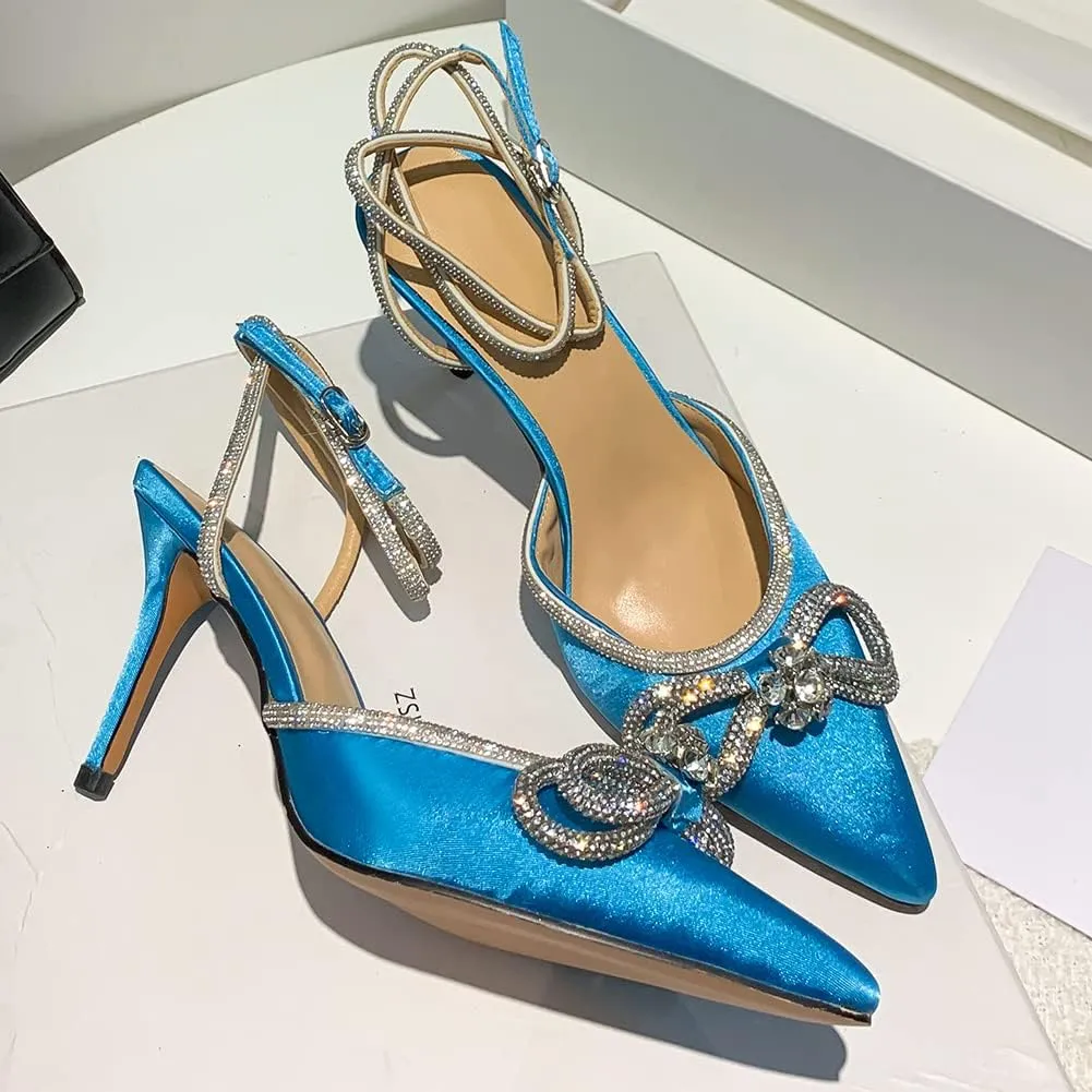 mikarka Women's Bowknot Rhinestone Stilettos Heels Pumps, Ankle Strap Satin Pointed Wedding Bride Bridesmaid Dressy Heeled Shoes Sandals