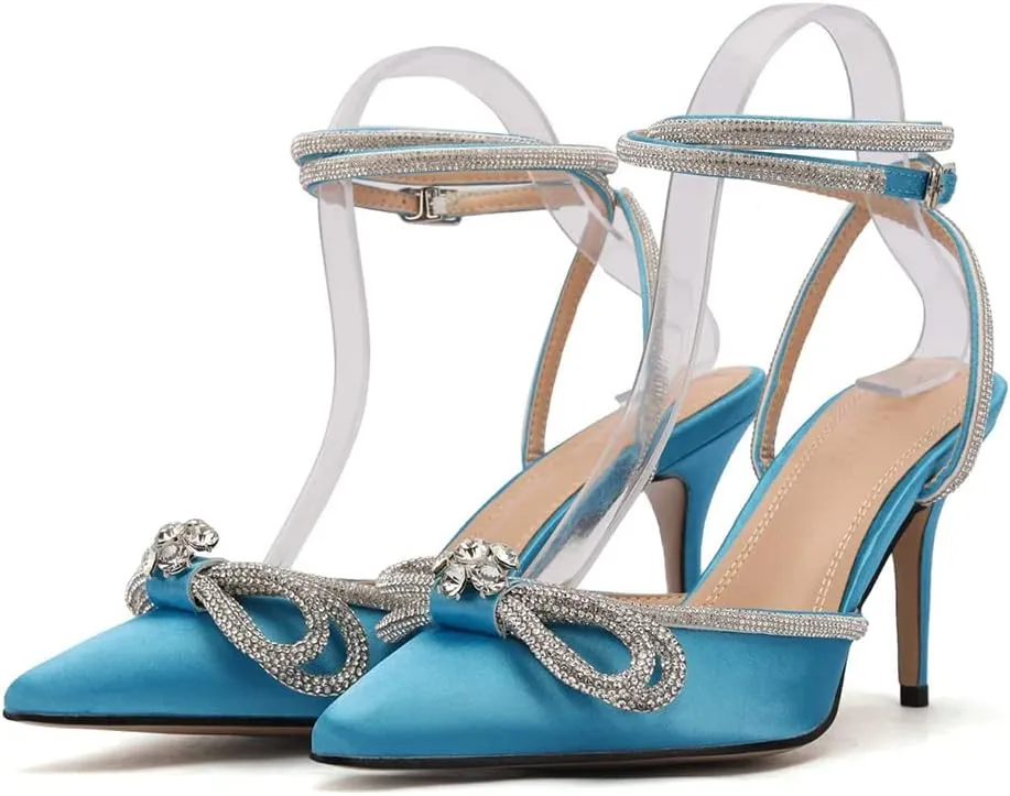mikarka Women's Bowknot Rhinestone Stilettos Heels Pumps, Ankle Strap Satin Pointed Wedding Bride Bridesmaid Dressy Heeled Shoes Sandals