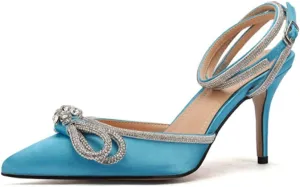 mikarka Women's Bowknot Rhinestone Stilettos Heels Pumps, Ankle Strap Satin Pointed Wedding Bride Bridesmaid Dressy Heeled Shoes Sandals