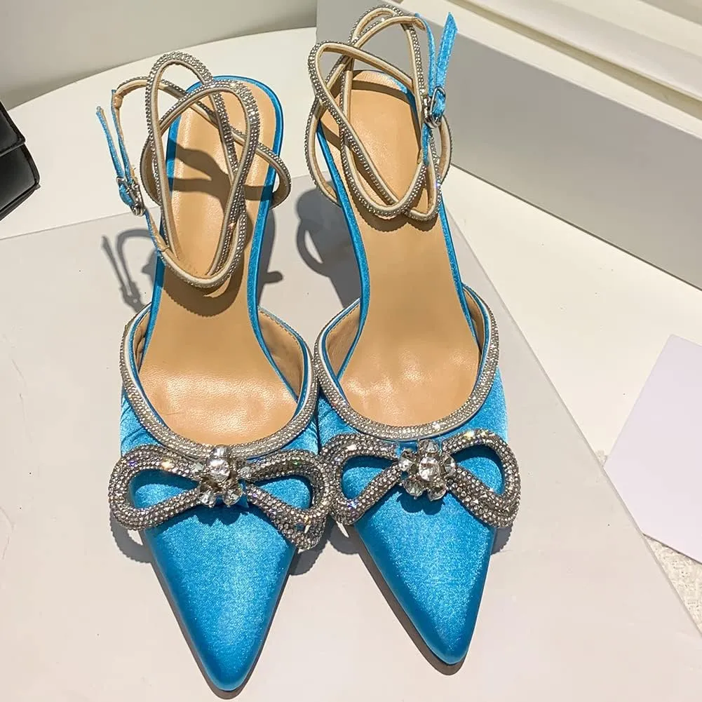 mikarka Women's Bowknot Rhinestone Stilettos Heels Pumps, Ankle Strap Satin Pointed Wedding Bride Bridesmaid Dressy Heeled Shoes Sandals