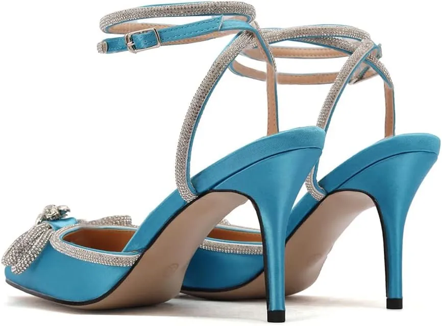 mikarka Women's Bowknot Rhinestone Stilettos Heels Pumps, Ankle Strap Satin Pointed Wedding Bride Bridesmaid Dressy Heeled Shoes Sandals