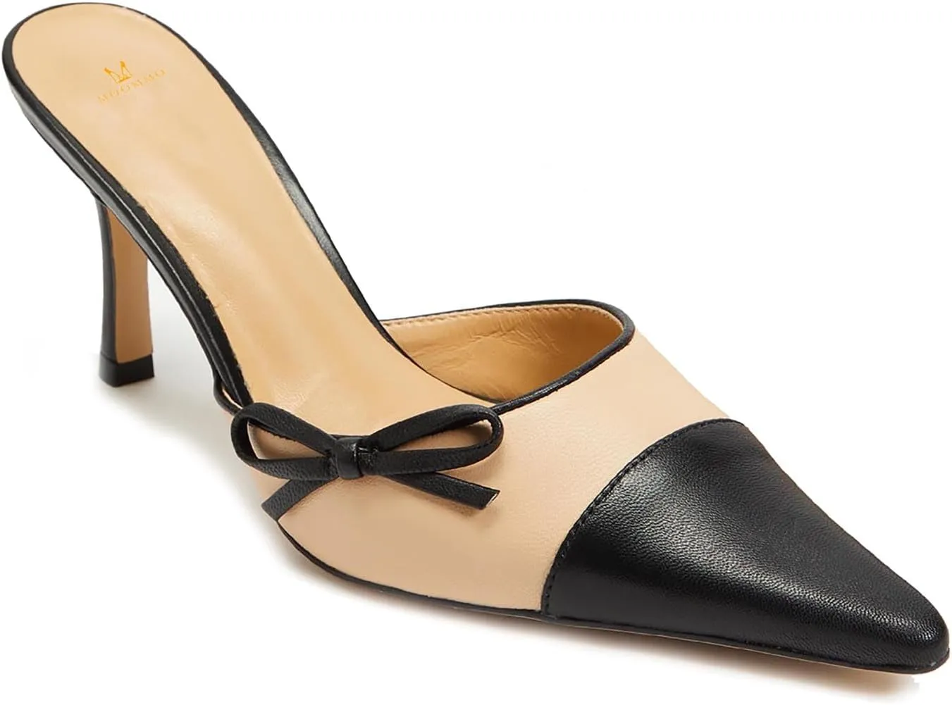 MOOMMO Women Stiletto Heel Mules Bow Cap Pointed Toe Slip On Mule Sandals Two Tone Sexy 2 inch Kitten Heel Mule Heels Pointy Toe Dress Sandal Heels Evening Wedding Party 4-11 M US