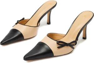 MOOMMO Women Stiletto Heel Mules Bow Cap Pointed Toe Slip On Mule Sandals Two Tone Sexy 2 inch Kitten Heel Mule Heels Pointy Toe Dress Sandal Heels Evening Wedding Party 4-11 M US
