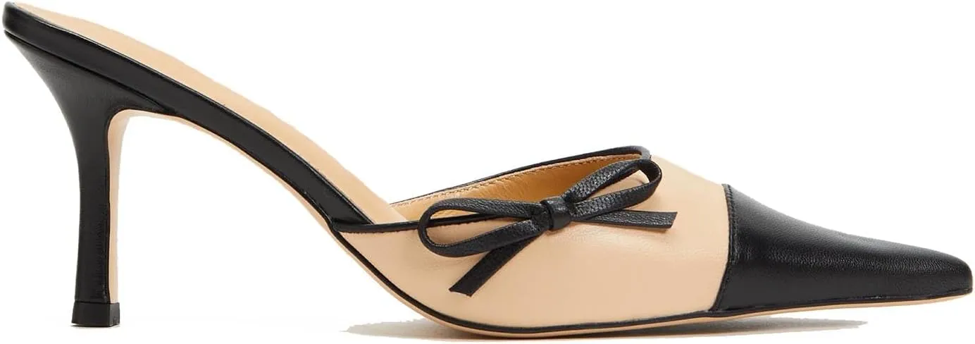 MOOMMO Women Stiletto Heel Mules Bow Cap Pointed Toe Slip On Mule Sandals Two Tone Sexy 2 inch Kitten Heel Mule Heels Pointy Toe Dress Sandal Heels Evening Wedding Party 4-11 M US