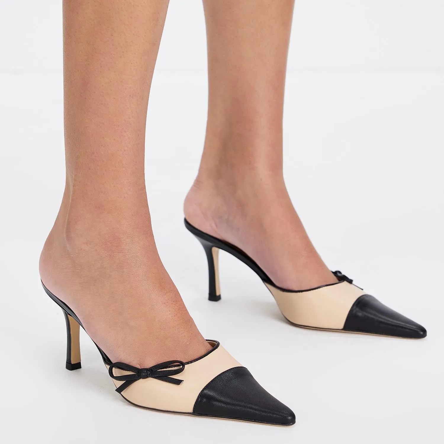 MOOMMO Women Stiletto Heel Mules Bow Cap Pointed Toe Slip On Mule Sandals Two Tone Sexy 2 inch Kitten Heel Mule Heels Pointy Toe Dress Sandal Heels Evening Wedding Party 4-11 M US