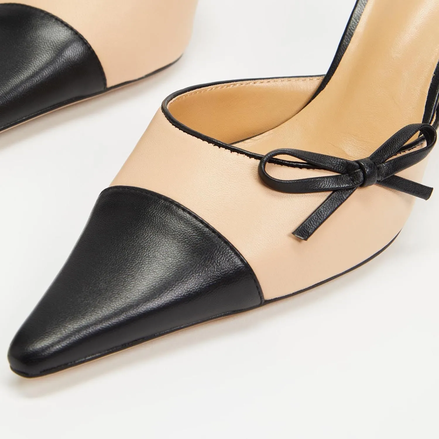 MOOMMO Women Stiletto Heel Mules Bow Cap Pointed Toe Slip On Mule Sandals Two Tone Sexy 2 inch Kitten Heel Mule Heels Pointy Toe Dress Sandal Heels Evening Wedding Party 4-11 M US