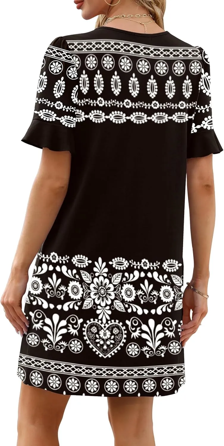 OFEEFAN Summer Dresses for Women Ruffle Short Sleeve V Neck Casual Shift Dress with Pockets