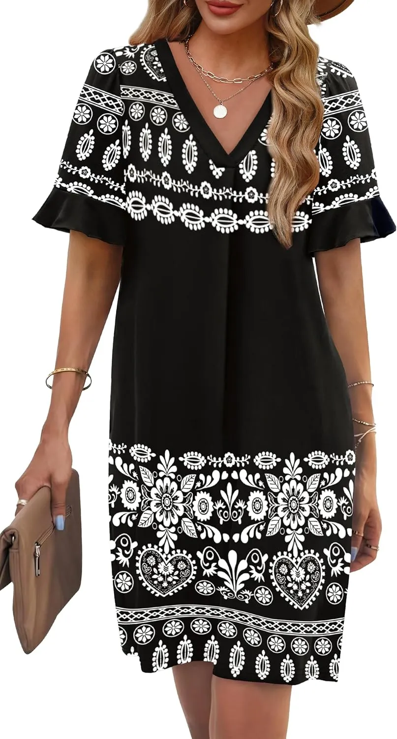 OFEEFAN Summer Dresses for Women Ruffle Short Sleeve V Neck Casual Shift Dress with Pockets