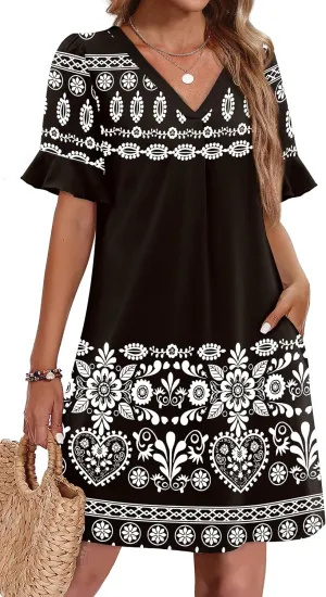 OFEEFAN Summer Dresses for Women Ruffle Short Sleeve V Neck Casual Shift Dress with Pockets