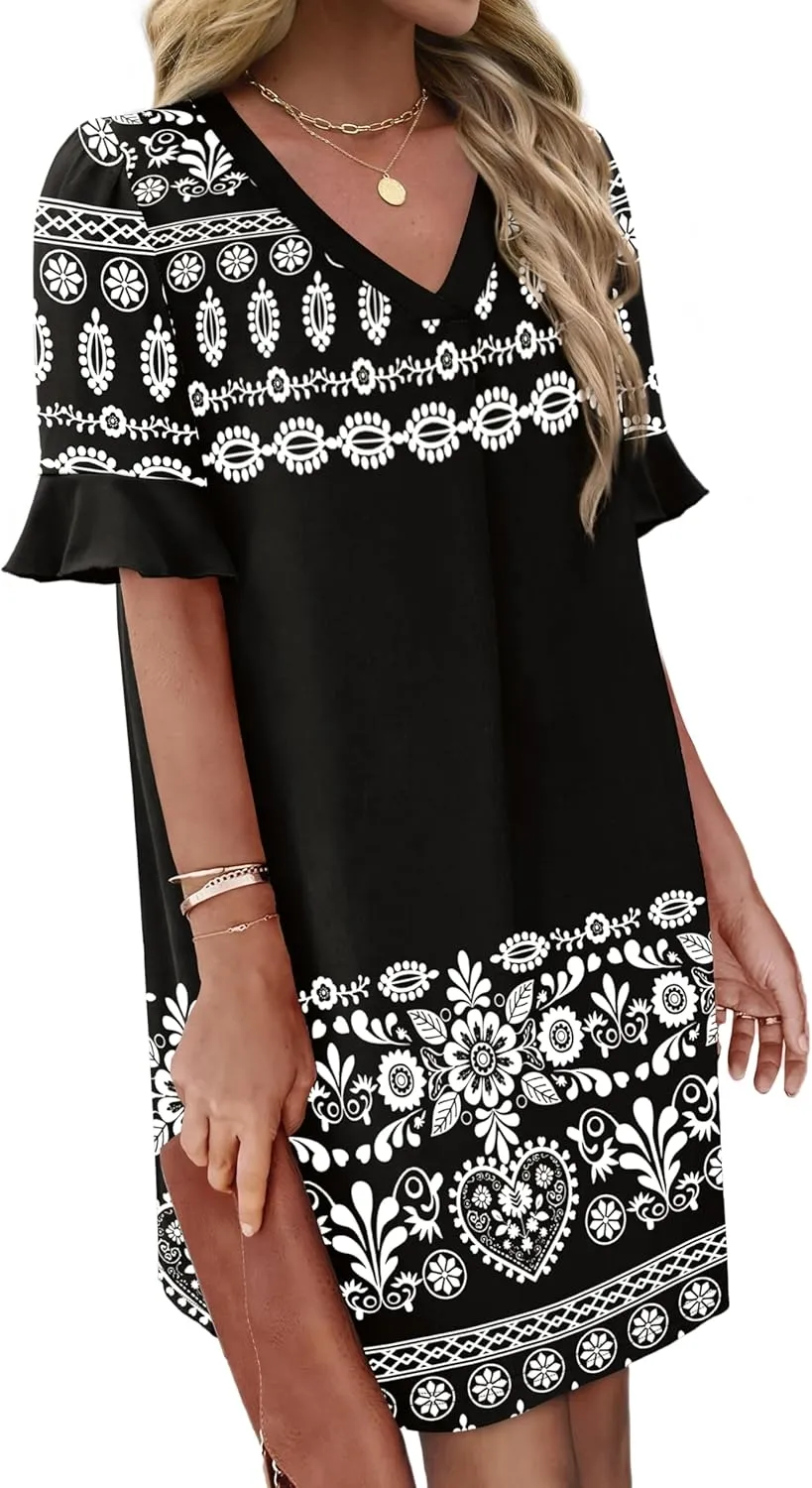 OFEEFAN Summer Dresses for Women Ruffle Short Sleeve V Neck Casual Shift Dress with Pockets