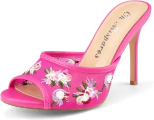 Oh Mispares Heeled Mules for Women High Heel Floral Sandals Mesh Embroidered Stiletto Slip-on Open Toe Elegant Dress Shoes for Wedding Prom Party
