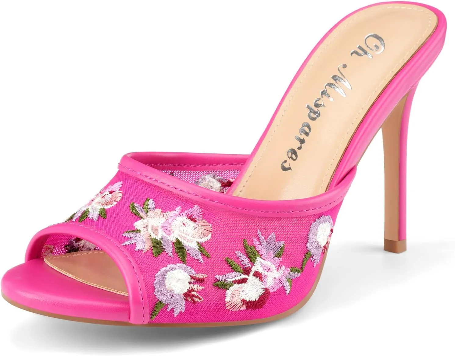 Oh Mispares Heeled Mules for Women High Heel Floral Sandals Mesh Embroidered Stiletto Slip-on Open Toe Elegant Dress Shoes for Wedding Prom Party