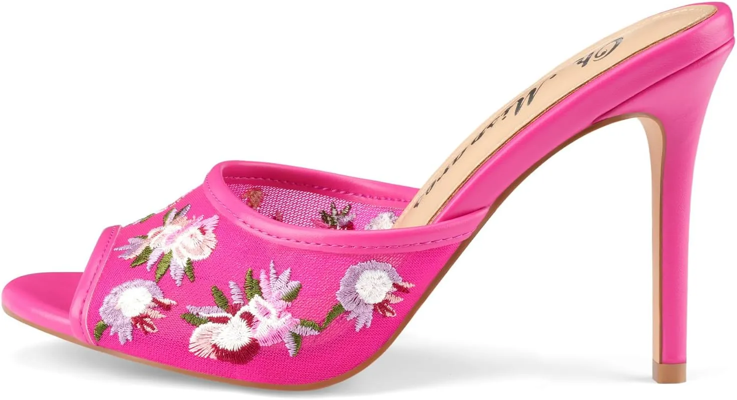 Oh Mispares Heeled Mules for Women High Heel Floral Sandals Mesh Embroidered Stiletto Slip-on Open Toe Elegant Dress Shoes for Wedding Prom Party