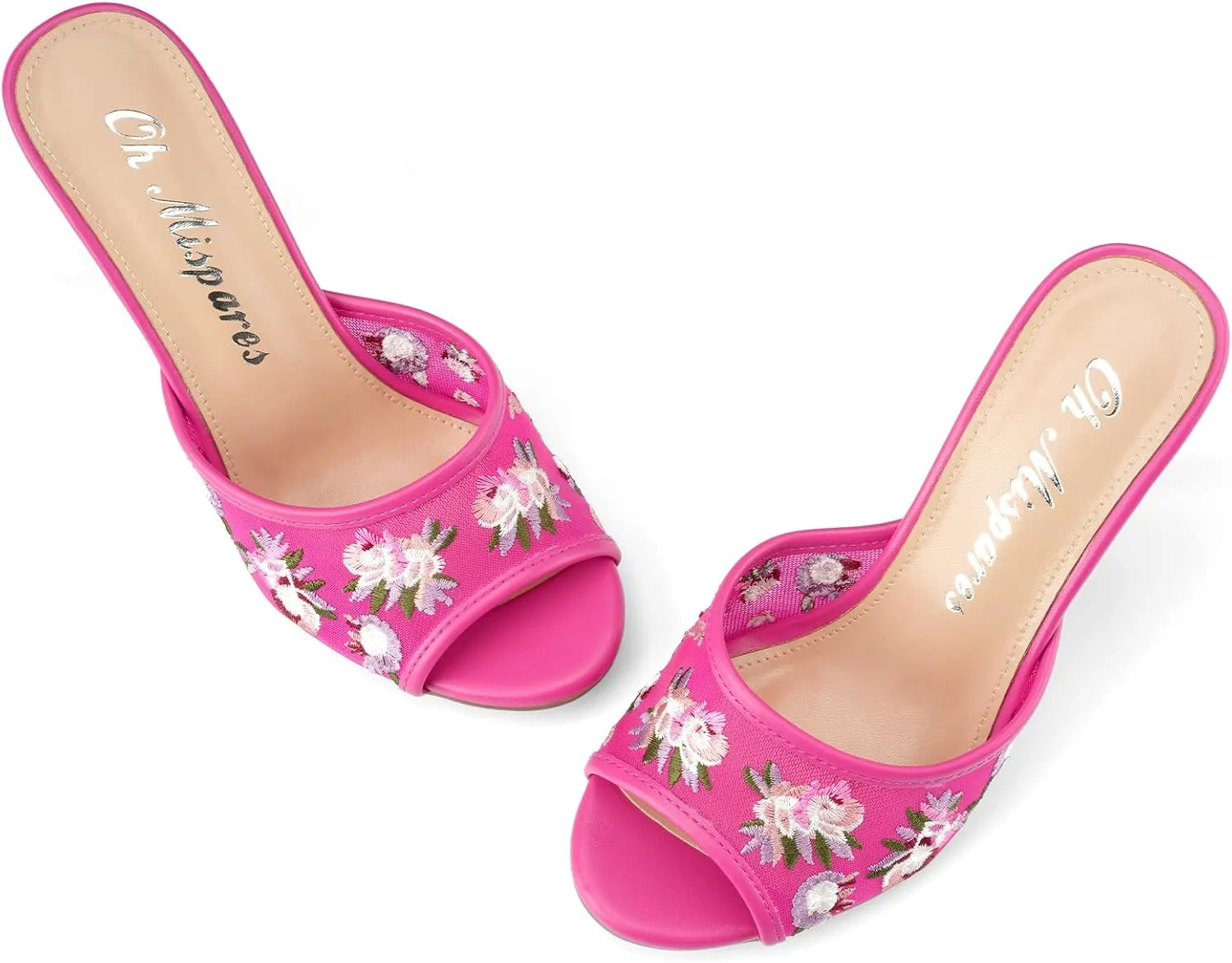 Oh Mispares Heeled Mules for Women High Heel Floral Sandals Mesh Embroidered Stiletto Slip-on Open Toe Elegant Dress Shoes for Wedding Prom Party