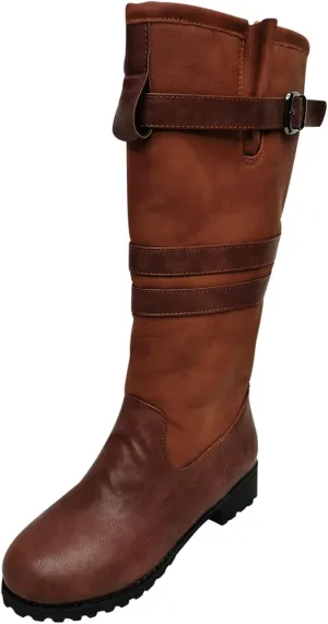 oiangi Vintage Boots for Women Low Heel - Retro Round Toe Buckle Strap Western Cowboy Chunky Heel Mid Calf Boots Casual Color Block Slip on Shoes