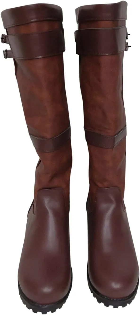 oiangi Western Cowboy Boots for Women Vintage Buckle Strap Round Toe Chunky Heel Slip-on Mid Calf Rain Boots Winter Comfortable Waterproof Casual Shoes