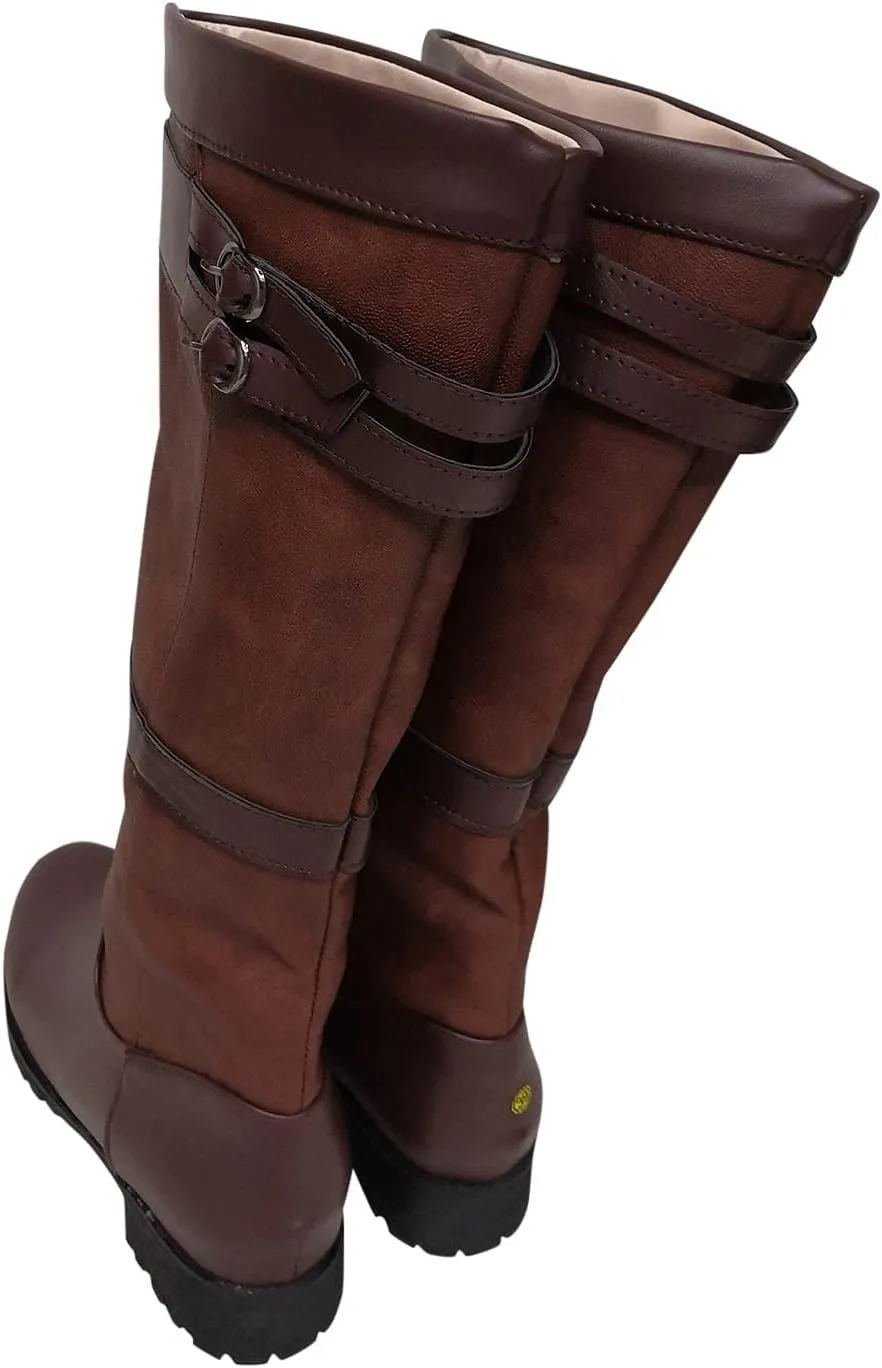 oiangi Western Cowboy Boots for Women Vintage Buckle Strap Round Toe Chunky Heel Slip-on Mid Calf Rain Boots Winter Comfortable Waterproof Casual Shoes