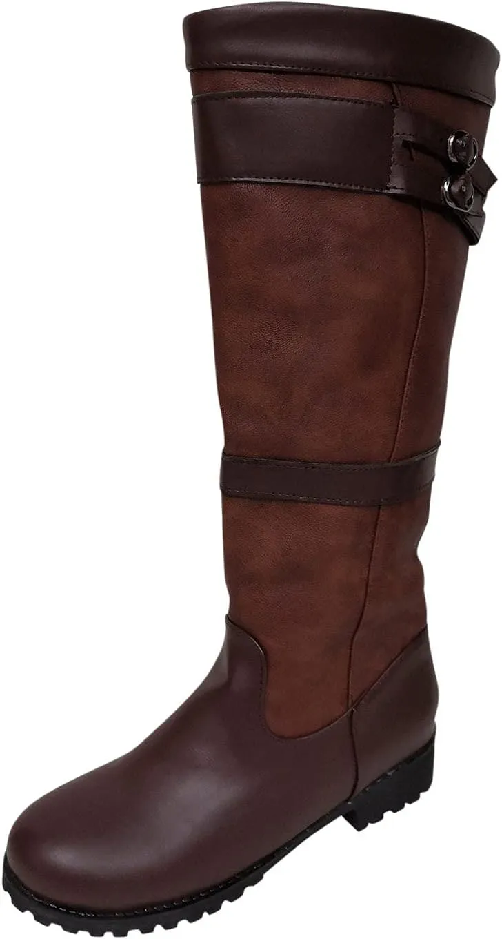 oiangi Western Cowboy Boots for Women Vintage Buckle Strap Round Toe Chunky Heel Slip-on Mid Calf Rain Boots Winter Comfortable Waterproof Casual Shoes