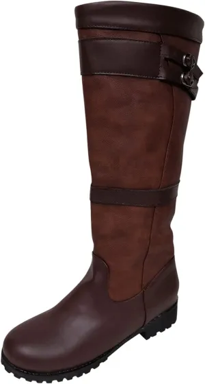 oiangi Western Cowboy Boots for Women Vintage Buckle Strap Round Toe Chunky Heel Slip-on Mid Calf Rain Boots Winter Comfortable Waterproof Casual Shoes