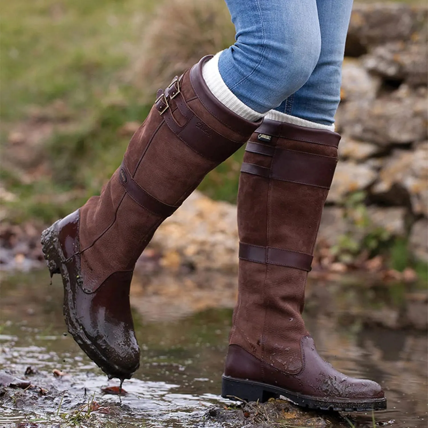 oiangi Western Cowboy Boots for Women Vintage Buckle Strap Round Toe Chunky Heel Slip-on Mid Calf Rain Boots Winter Comfortable Waterproof Casual Shoes