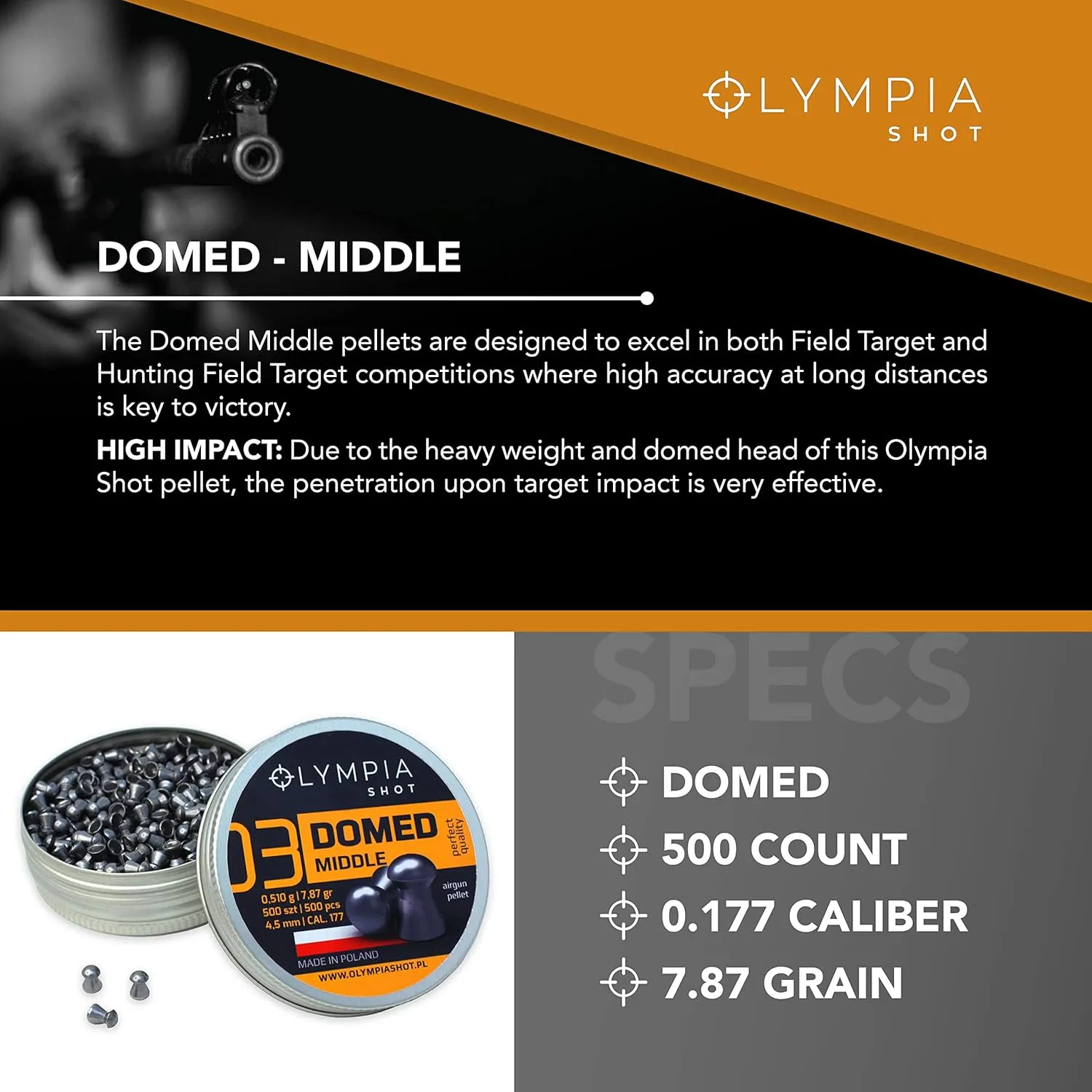 Olympia Shot Air Gun Pellets | .177 Caliber, .22 Caliber, .25 Caliber | Domed, Pointed, Flat Wadcutter Heads | Various Weights for Target Shooting, Hunting, Competition, and Training | 150-500 Count