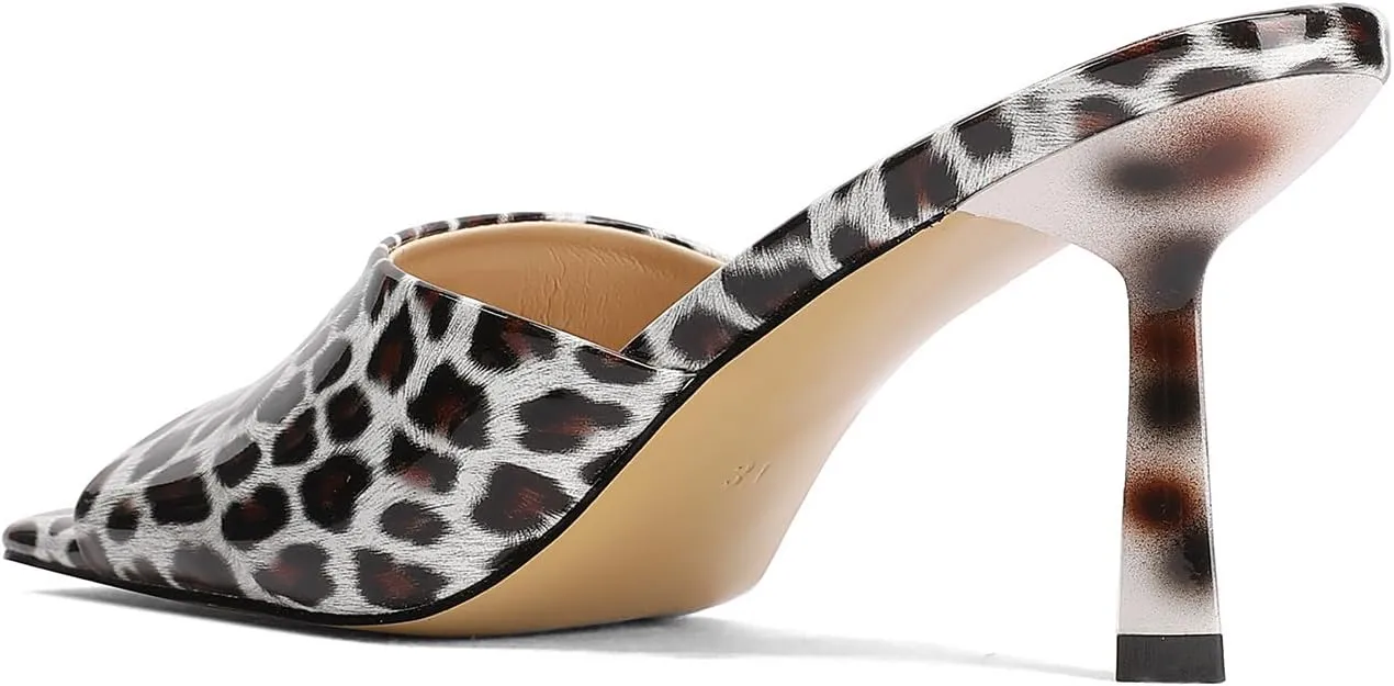 Open-Toe Patent Leather Kitten Heel Mules with Slim Stiletto for Women Sexy Leopard Print Slip On Square-Toe Slide Sandals