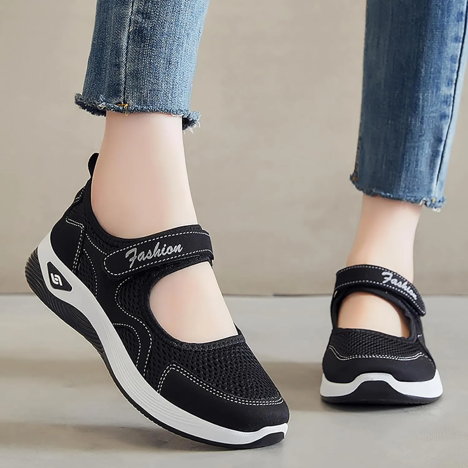 Orthopedic Shoes for Women Non Slip Arch Support Sneakers Mesh Hollow Out Breathable Walking Sneakers Comfortable Adjustable Mary Jane Shoes Lightweight Working Nurse Shoe